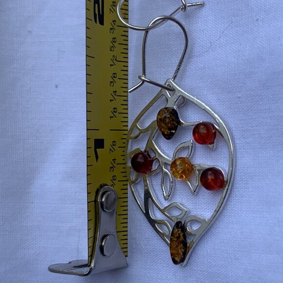 Sterling Silver 925 Amber Leaf Design Drop Dangle Earrings With 6 Amber Stones - Picture 8 of 9